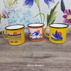 Ozark Trail Enamel Coffee Mugs Cups Lot Of 3 Lake Life Mountains Forests Yellow
